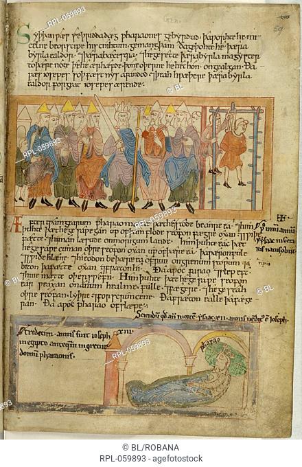 Pharaoh has the baker hanged Whole folio. Genesis 41 1-7. Pharaoh with Saxon Witan has the chief baker hanged, left the chief butler is restored to his position