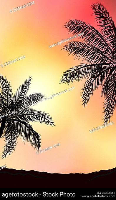 Realistic sea sunset on the background of palm trees - Vector illustration