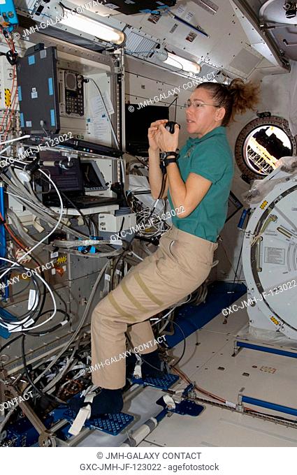 Astronaut Sandra Magnus, Expedition 18 flight engineer, uses a communication system while performing a function test of the Japanese Remote Manipulator System...