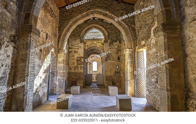 Alcuescar, Spain - September 17, 2017: Visigothic Basilica of Santa Lucia del. Trampal. Main nave view