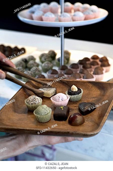 Various pralines for teatime in a restaurant