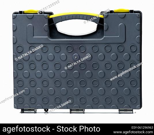 Gay plastic box with handle for tools, bolts and nuts isolated on white background