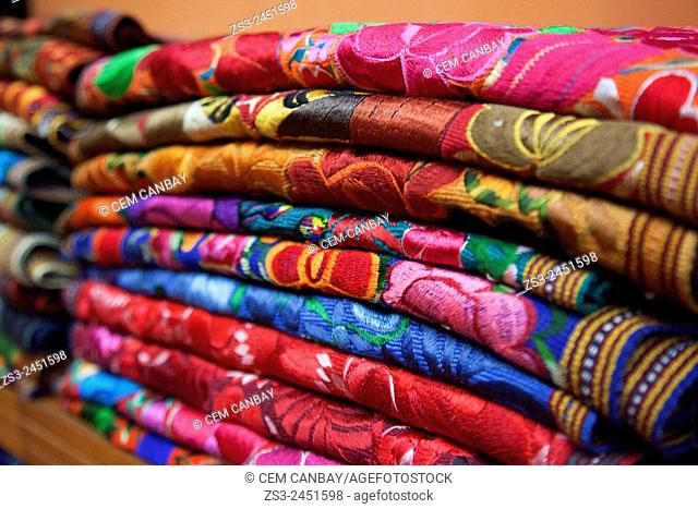 Colorful blankets for sale inside of a shop, Merida, Yucatan Province, Mexico, Central America
