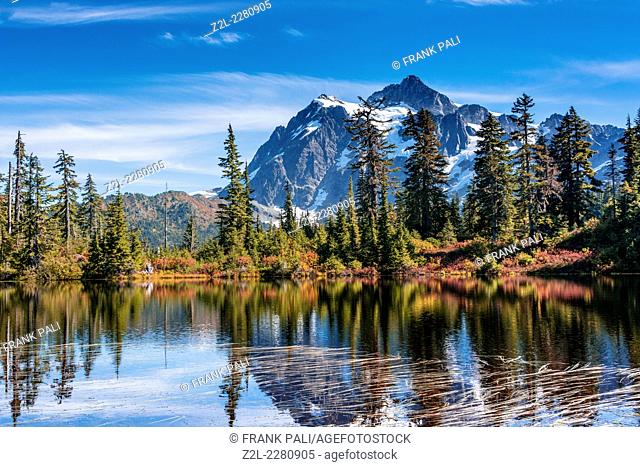 Reflection of Mount Shuksan in Picture Lake, Mt. Baker-Snoqualmie National Forest, Washington, United States of America