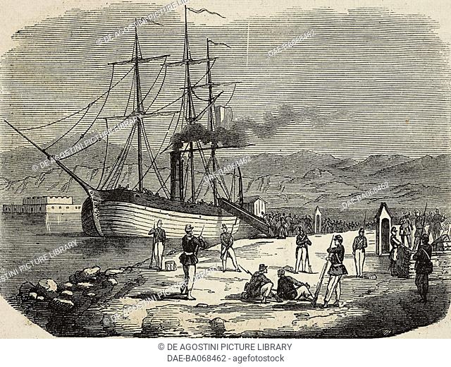 Garibaldines embarking in Messina, Italy, Expedition of the Thousand, illustration from L'Illustration, Journal Universel, No 912, Volume 36, August 18, 1860