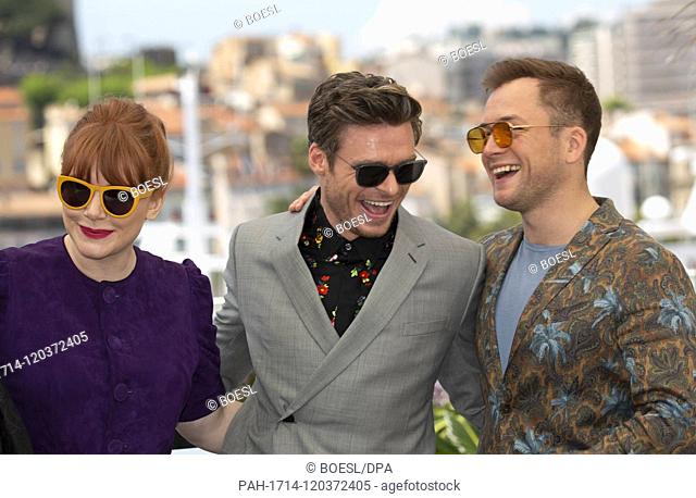 Bryce Dallas Howard (l-r), Taron Egerton and Richard Madden pose at the photocall of 'Rocketman' during the 72nd Cannes Film Festival at Palais des Festivals in...