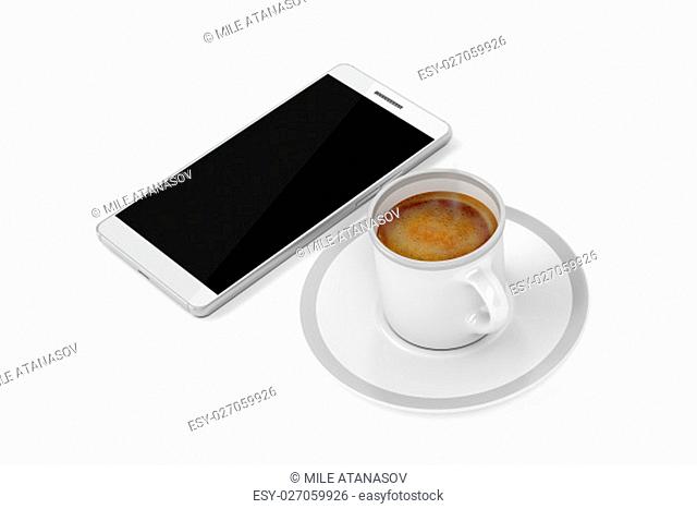 Espresso coffee and smartphone on white background, top view