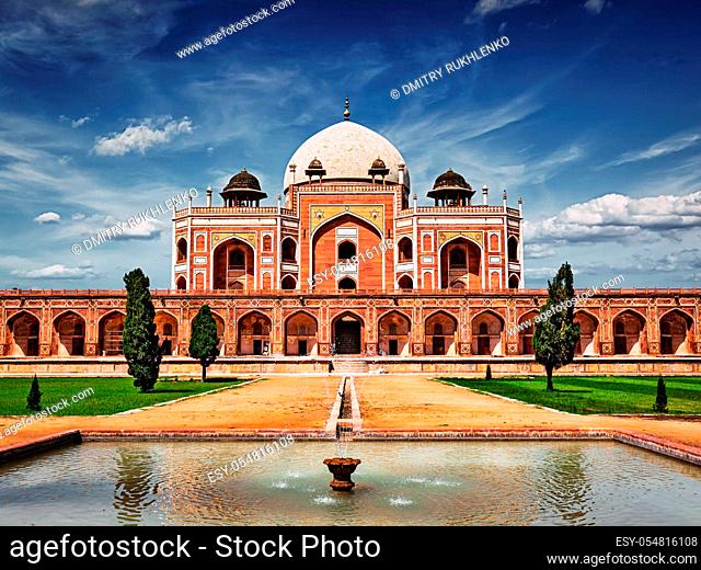 Vintage retro effect filtered hipster style image of famous tourist indian landmark Humayun's Tomb. Delhi, India. UNESCO World Heritage Site