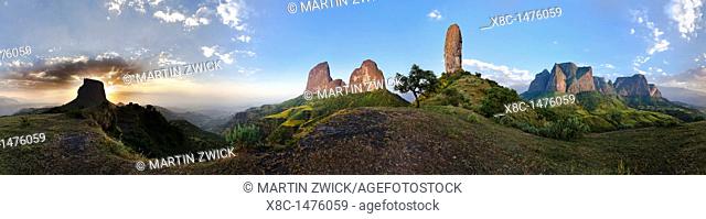Panorama of a landscape of the buttes of Mulit near the Escarpment of the Simien Mountains at about 2000m during the end of the rainy season close to the Simien...