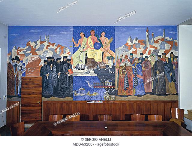 The College of jurists of Padua is giving advice to the Doge in a triumphing Venice between Peace and Justice, by Gino Severini, 1941, 20th century, fresco