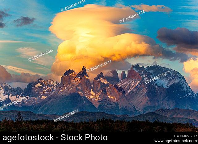 South America. Patagonia. The exotic beauty of the curved cliffs of Los Cuernos and clouds of incredible shapes. The famous Torres del Paine park in southern...