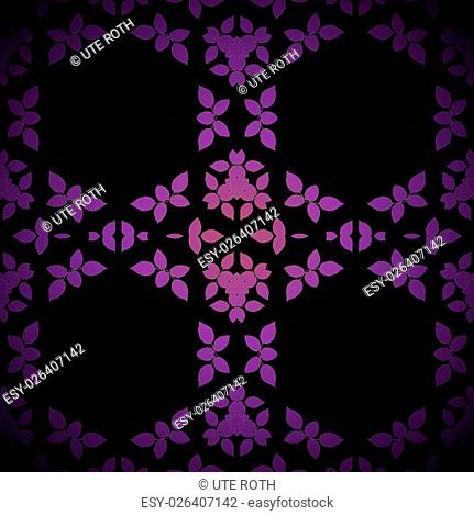 Geometric seamless background. Dark regular hexagon pattern with abstract leaves in violet and purple shades on black, centered and blurred