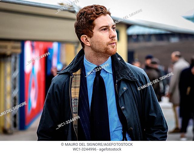 FLORENCE, Italy- January 8 2019: Jake Grantham on the street during the Pitti 95