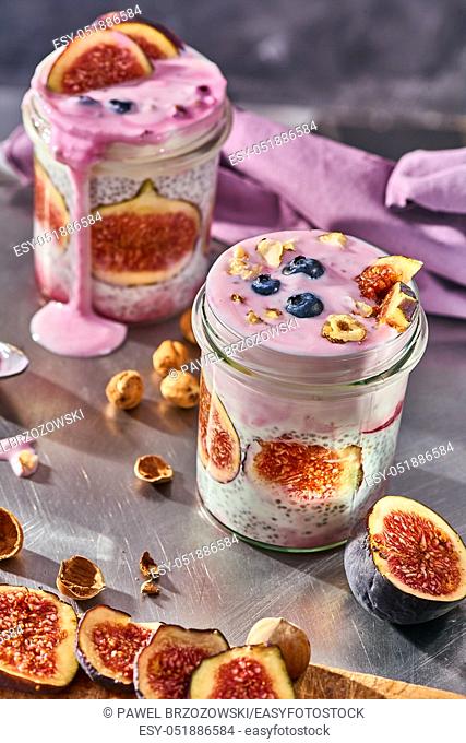 Fresh yogurt with chia, figs, blueberries and nuts