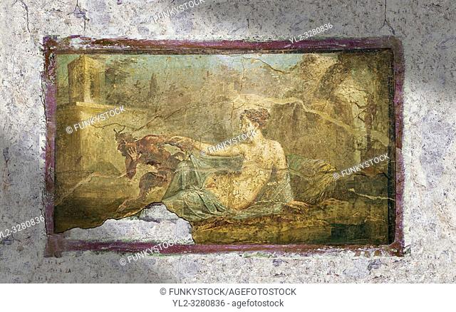 A Roman erotic fresco painting from Pompeii depicting Pan and Hermaphrodite, Naples National Archaeological, 50-79 AD , inv no 27700