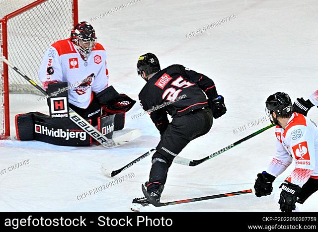 L-R George Sorensen (Aalborg), David Kase (Sparta) and Ben Carroll (Aalborg) in action during the Champions Hockey League, Group A