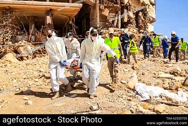 LIBYA, DERNA - SEPTEMBER 23, 2023: Employees of the Lider Centre for Special Risk Rescue Operations of Russia's Emergencies Ministry perform search and rescue...