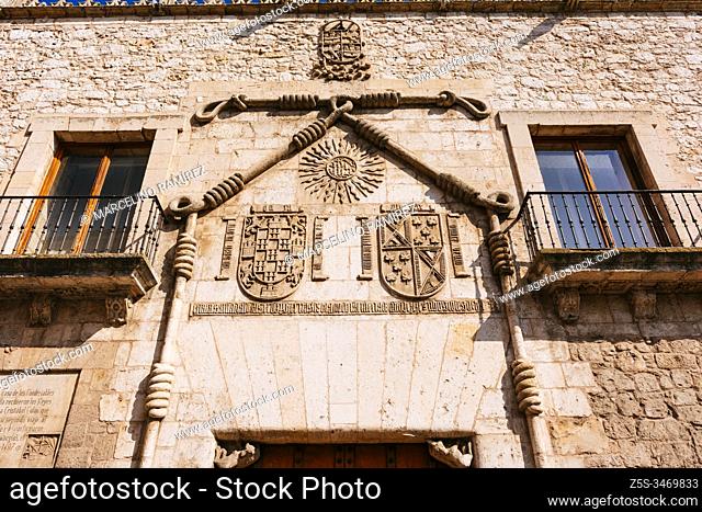 Front door facade. Palacio de los Condestables de Castilla, popularly known as Casa del Cordón, is a 15th-century palace that stands in the historic center of...