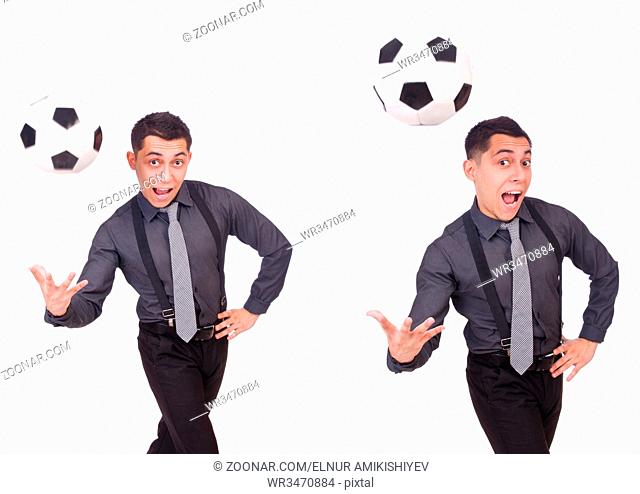 Funny man with football isolated on white