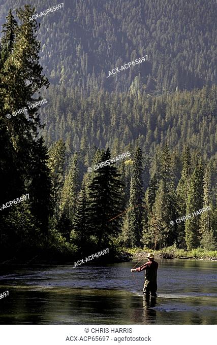 Fly fishing, Mitchell River, Cariboo Mountains, British Columbia, Canada