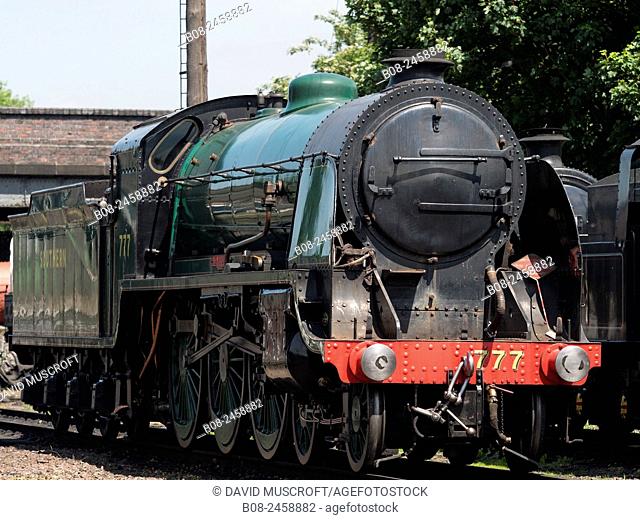 vintage steam locomotive at Loughborough station, on the Great Central Railway in Leicestershire, UK