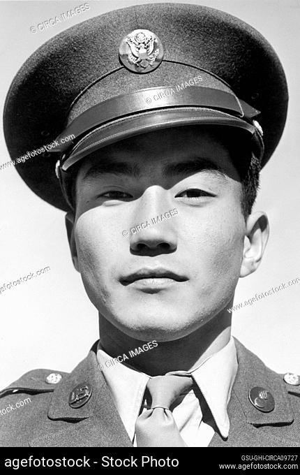 Corporal Jimmie Shohara, Head and Shoulders Portrait while visiting his confined Parents, both American Citizens by Birth, Manzanar Relocation Center
