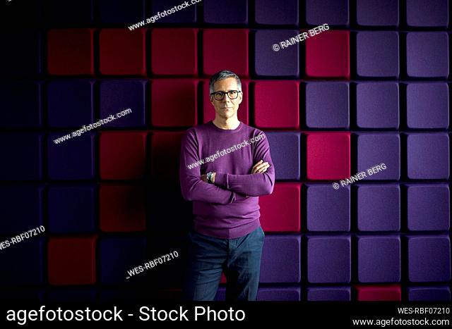Portrait of businessman standing at a noise reduction wall in office