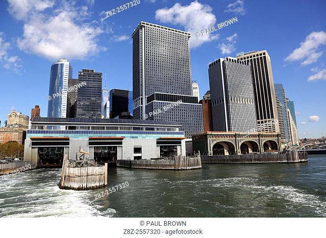 General view of the New York Manhattan city skyline and South Ferry terminal for the Staten Island Ferry, New York. America