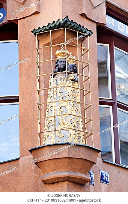 Statue of the Black Madona at the corner of cubist building 'House of the Black Madonna' by Josef Gocar in Prague, Czech Republic Now the house is used as a...