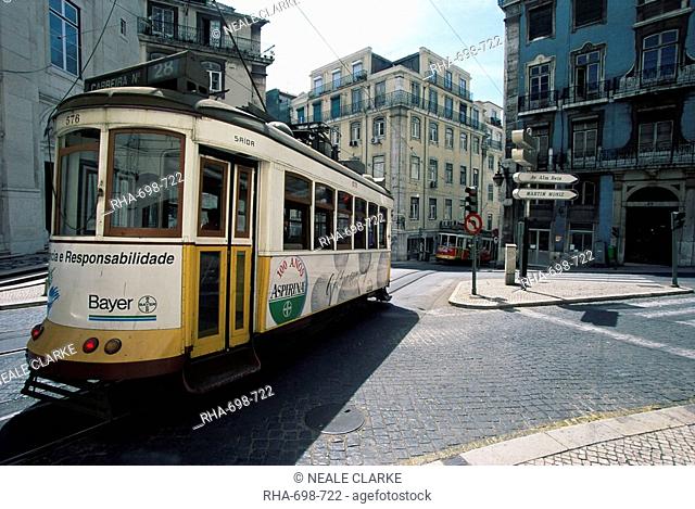 Tram in the Baixa district, Lisbon, Portugal, Europe