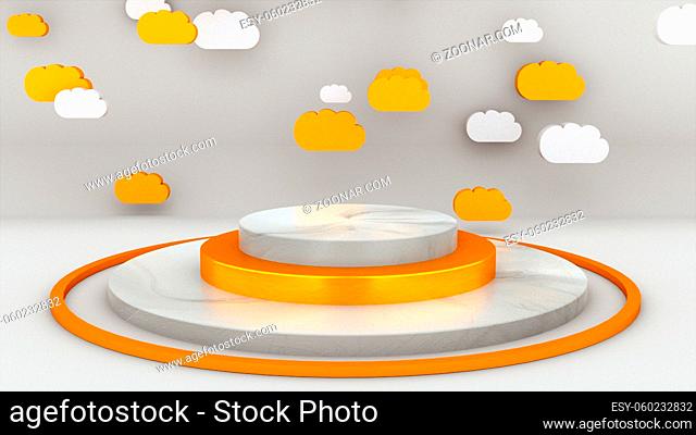 Computer generated pedestal with many colorful clouds for leadership, glory or party. 3d rendering of cartoon studio backdrop