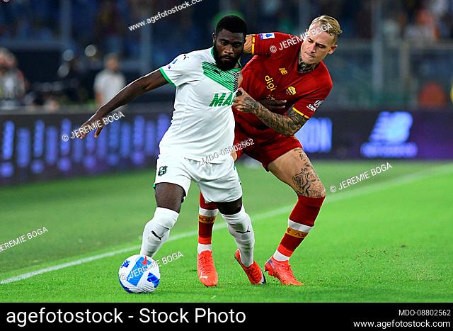 The Roma player Rick Karsdorp and the Sassuolo player Jeremie Boga during the Roma-Sassuolo match at the Olympic stadium