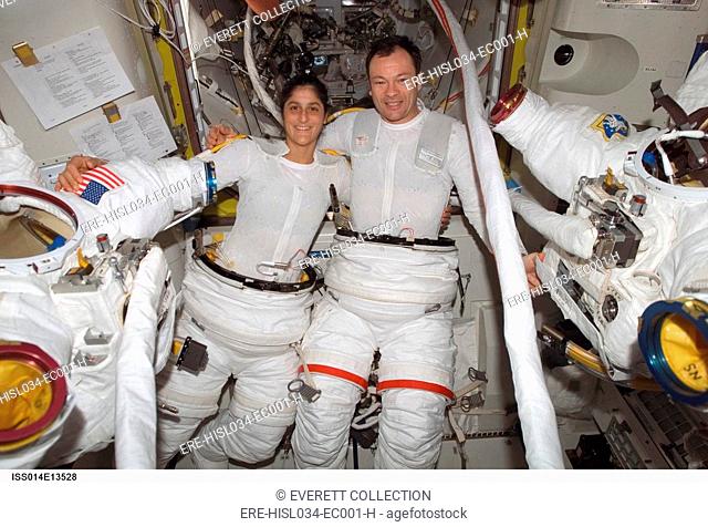 International Space Station activity. Astronauts Sunita Williams and Michael Lopez-Alegria, suit up before their spacewalk. July 18, 2008
