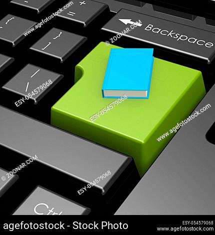 Blue book on green button of computer keyboard image with hi-res rendered artwork that could be used for any graphic design