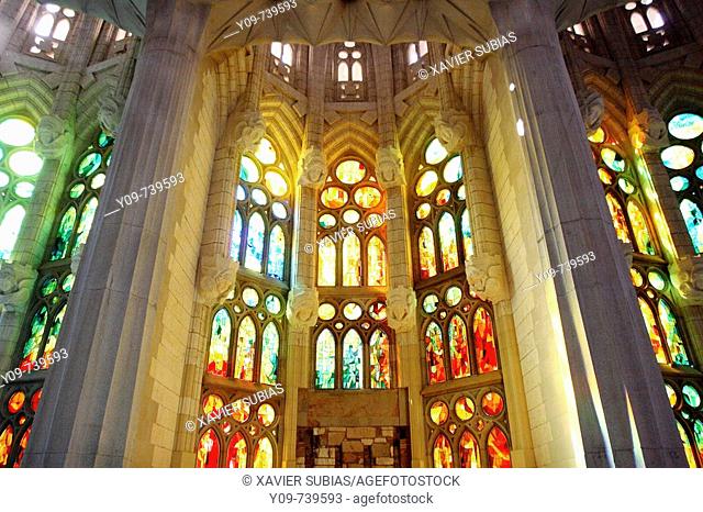 Stained glass window at the Sagrada Familia temple by Gaudí, Barcelona. Catalonia, Spain
