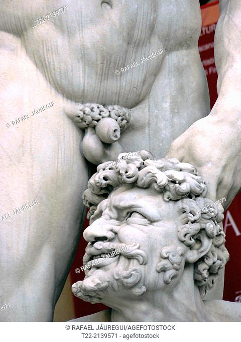 Florence (Italy). Detail of the sculpture of Hercules and Cacus Baccio Bandinelli artist, next to the entrance of the Palazzo Vecchio in Florence historical...
