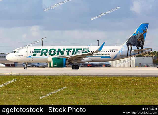 An Airbus A320neo aircraft of Frontier Airlines with registration N312FR at Miami Airport, USA, North America