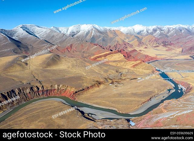 aerial view of the nujiang river with tanggula mountains, Tibet, China