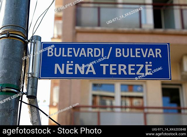Mother Teresa boulevard sign, Pristina, Kosovo