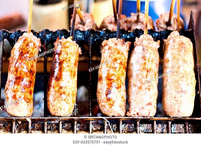Skewered vermicilli sausages tradtional thai street food
