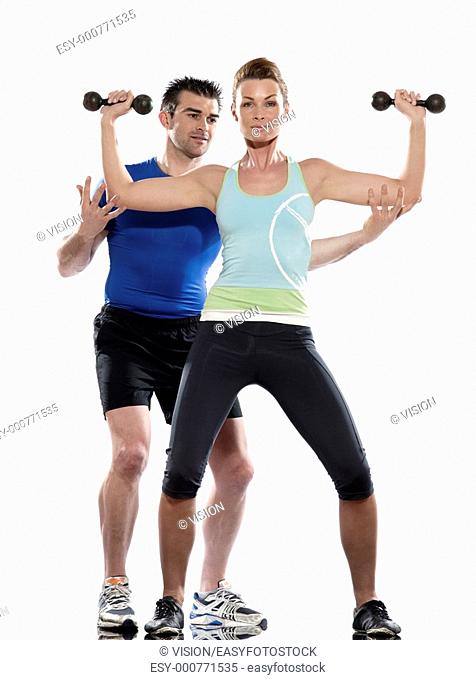 couple, man and woman doing workout on white isolated background