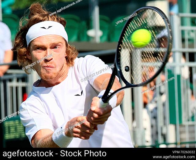 Russian Andrey Rublev (Andrej Roebljov) pictured in action during a tennis match between Belgian Goffin and Russian Rublev