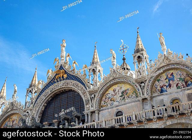 details of the exterior of the famous basilica at San Marco square in Venice, Italy