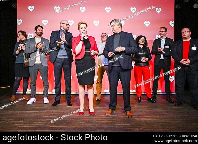 12 February 2023, Berlin: Ina Czyborra (l-r), Kian Niroomand, Michael Biel, Franziska Giffey (SPD), governing mayor of Berlin and top candidate of the Berlin...