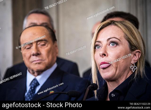 Silvio Berlusconi, Giorgia Meloni talks to the press at the Quirinale Presidential Palace after a meeting with Italian President Sergio Mattarella as part of a...