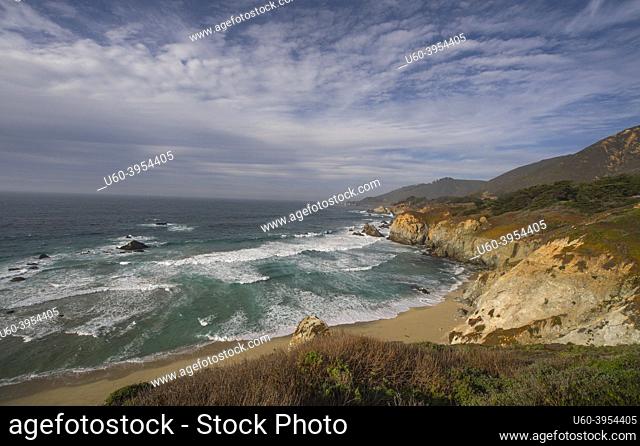 The surf is up along the Pacific Ocean Coastline at Big Sur, California