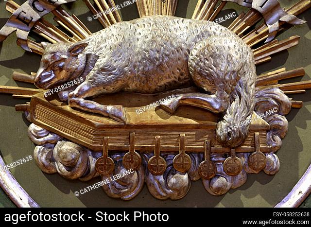 Lamb of God. Church of Our Lady of the Assumption. Cordon. Haute-Savoie. Auvergne Rhône-Alpes. France
