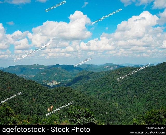 Landscape of green mountains and bright blue sky