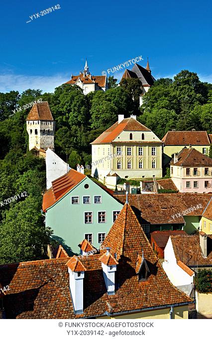 View of Sighisoara Saxon fortified medieval citadel from the clock tower, Transylvania, Romania