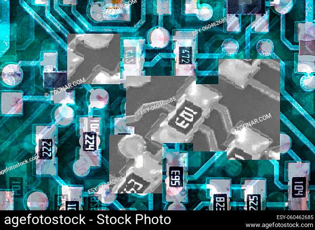 Circuit board layered chaotic abstract background